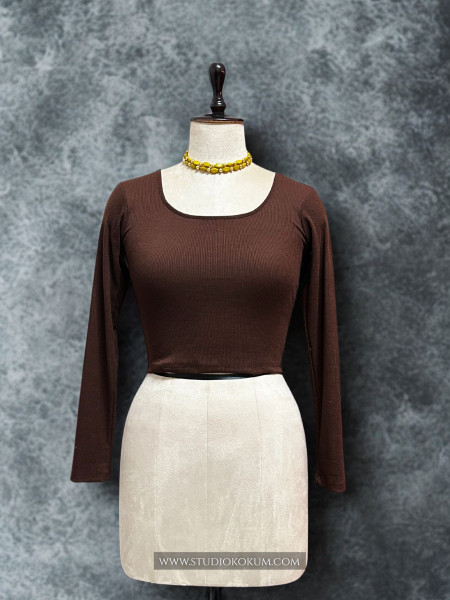 Full Sleeves Stretchable Back Strings Blouse in Brown Colour
