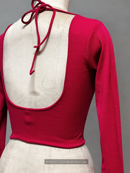 Full Sleeves Stretchable Back Strings Blouse in Hot Pink Colour