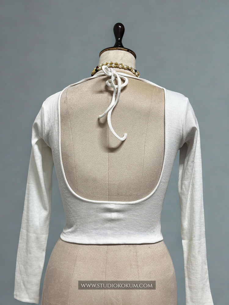 Image of Full Sleeves Stretchable Back Strings Blouse in White Colour