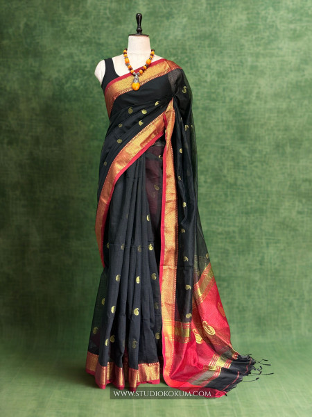 Qirat - Pure Cotton Saree in Black with Exclusive Red Zari Border & Pallu