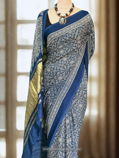 Falak: Cobalt Blue Modal Silk Hand blocked Ajrakh Zari Lagdi Patta Saree