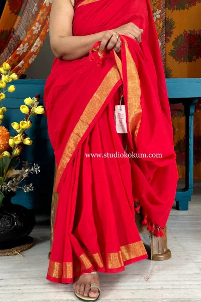 Aalta - Handwoven Pure Cotton Red Saree with Zari Border