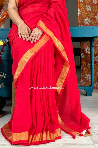 Aalta - Handwoven Pure Cotton Red Saree with Zari Border
