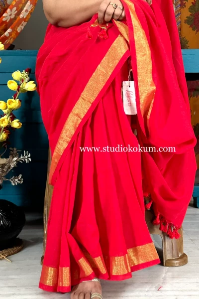 Aalta - Handwoven Pure Cotton Red Saree with Zari Border