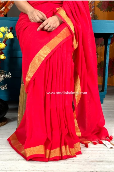 Aalta - Handwoven Pure Cotton Red Saree with Zari Border