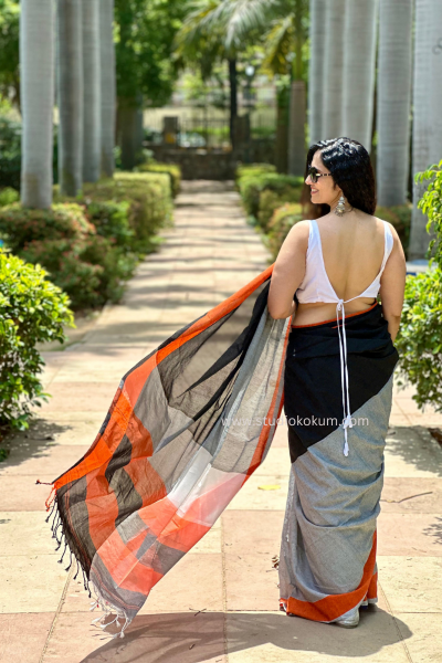 Adhira: Grey Black Handloom Cotton Saree