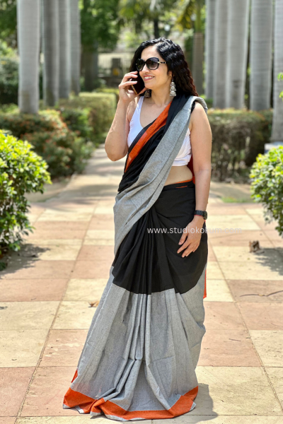 Adhira: Grey Black Handloom Cotton Saree