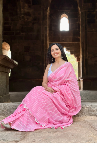 Image of Anupama: Tulip Pink Soft Cotton Stripes Saree With Tassels