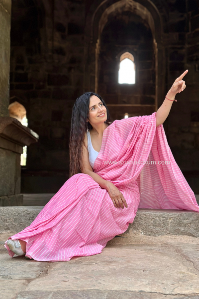 Anupama: Tulip Pink Soft Cotton Stripes Saree With Tassels