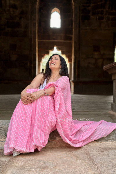 Anupama: Tulip Pink Soft Cotton Stripes Saree With Tassels