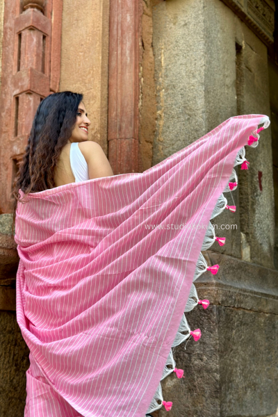 Anupama: Tulip Pink Soft Cotton Stripes Saree With Tassels