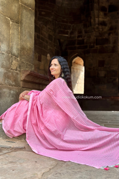 Anupama: Tulip Pink Soft Cotton Stripes Saree With Tassels
