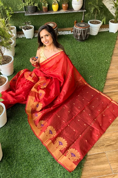 Image of Banwra Mann - Red Organza Zari Jamdani Saree