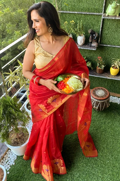 Banwra Mann - Red Organza Zari Jamdani Saree