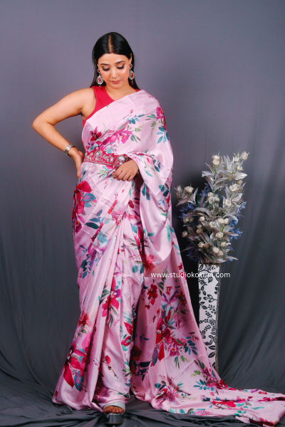 Image of Blush Blossom: Pink Floral Satin Silk Saree