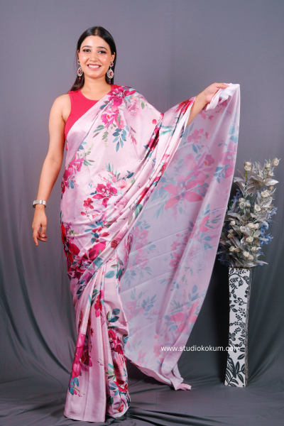 Blush Blossom: Pink Floral Satin Silk Saree