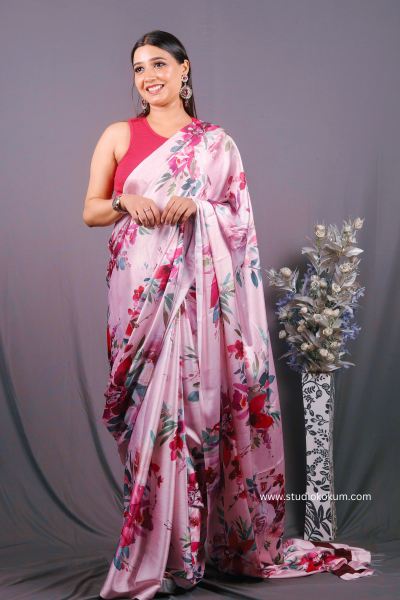 Blush Blossom: Pink Floral Satin Silk Saree