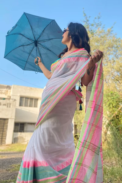 Image of Bougainvillea - White N Multicolour Weaving Handloom Cotton Saree