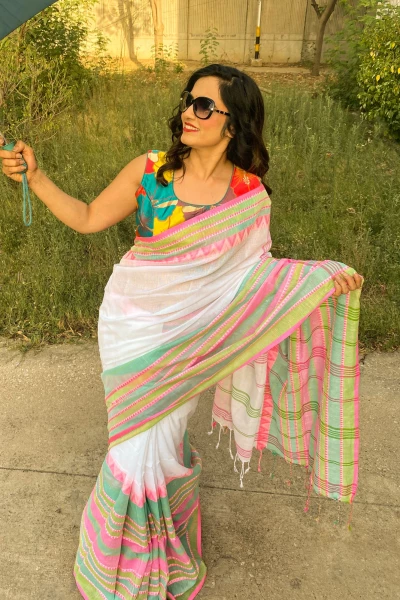 Bougainvillea - White N Multicolour Weaving Handloom Cotton Saree