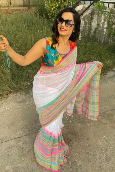 Bougainvillea - White N Multicolour Weaving Handloom Cotton Saree