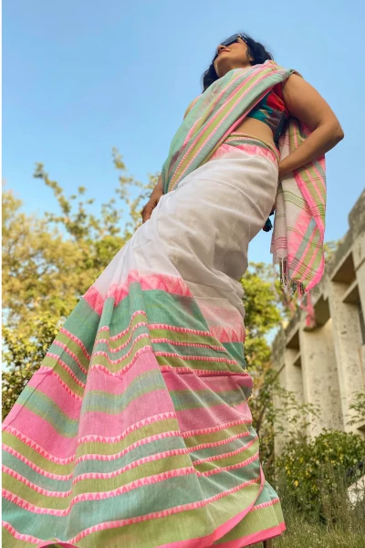 Bougainvillea - White N Multicolour Weaving Handloom Cotton Saree