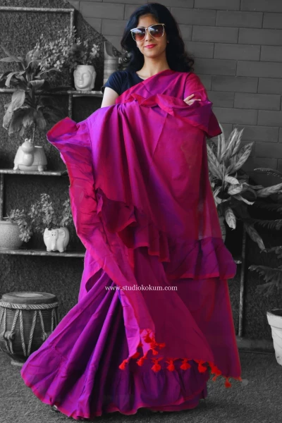 Image of Charming Chakor - Pure Cotton Ruffle Saree in Mulberry Pink Colour
