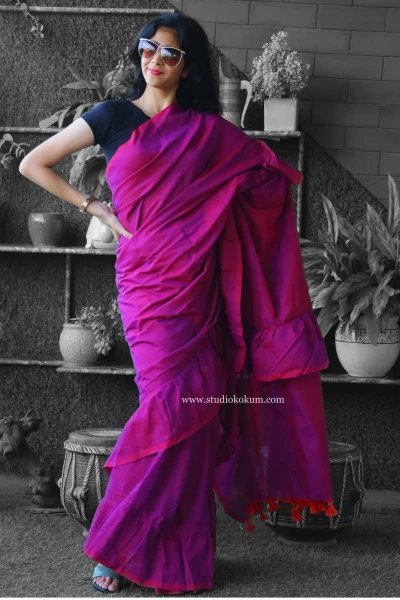 Charming Chakor - Pure Cotton Ruffle Saree in Mulberry Pink Colour