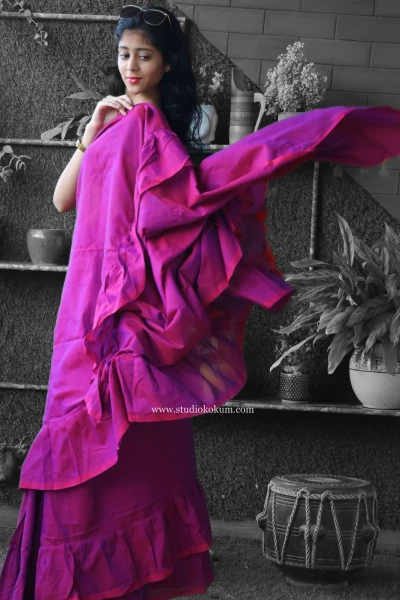 Charming Chakor - Pure Cotton Ruffle Saree in Mulberry Pink Colour
