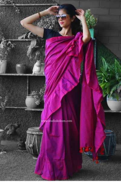 Charming Chakor - Pure Cotton Ruffle Saree in Mulberry Pink Colour