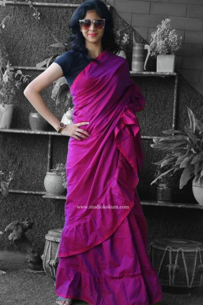 Charming Chakor - Pure Cotton Ruffle Saree in Mulberry Pink Colour