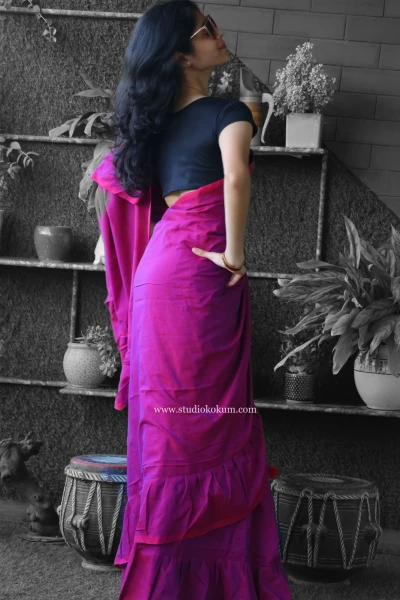 Charming Chakor - Pure Cotton Ruffle Saree in Mulberry Pink Colour