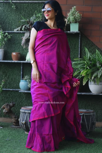 Charming Chakor - Pure Cotton Ruffle Saree in Mulberry Pink Colour