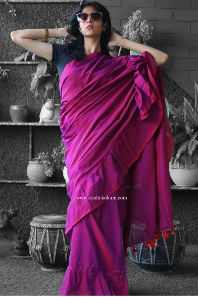 Charming Chakor - Pure Cotton Ruffle Saree in Mulberry Pink Colour