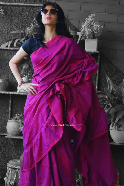 Charming Chakor - Pure Cotton Ruffle Saree in Mulberry Pink Colour