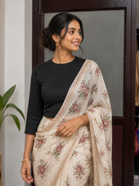 Elbow Sleeves Stretchable Blouse in Black Colour