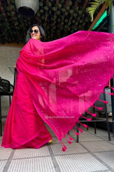 Image of Cherry Bomb: Pure Mul Cotton Saree with Sequins in Hot Pink Colour