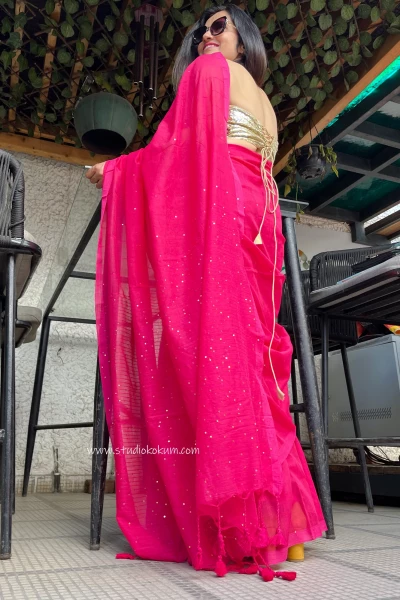 Cherry Bomb: Pure Mul Cotton Saree with Sequins in Hot Pink Colour