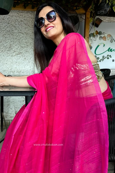 Cherry Bomb: Pure Mul Cotton Saree with Sequins in Hot Pink Colour