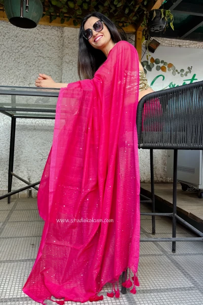 Cherry Bomb: Pure Mul Cotton Saree with Sequins in Hot Pink Colour