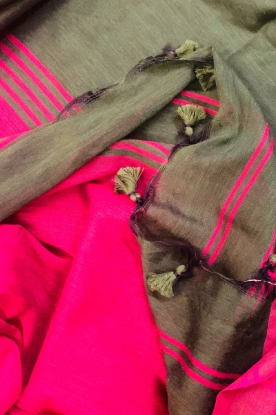 Chingari - Dark Green N Hot Pink Pure Cotton Handloom Saree