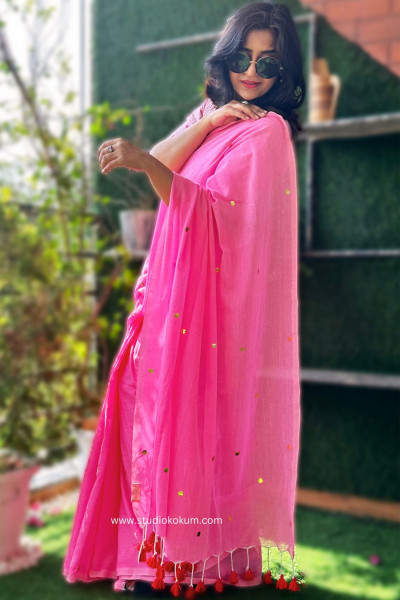 Image of Chui Mui Gulabi - Big Sitara Work Plain Handloom Cotton Pink Saree