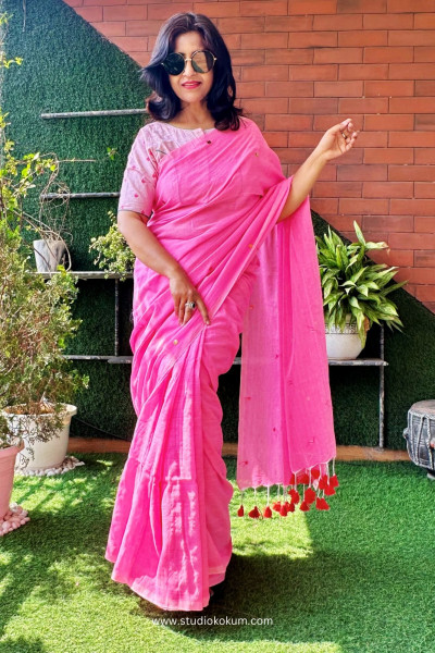Chui Mui Gulabi - Big Sitara Work Plain Handloom Cotton Pink Saree