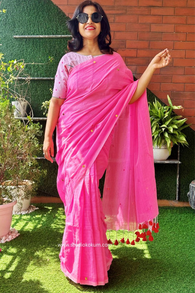 Chui Mui Gulabi - Big Sitara Work Plain Handloom Cotton Pink Saree