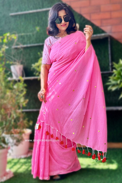 Chui Mui Gulabi - Big Sitara Work Plain Handloom Cotton Pink Saree