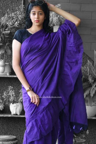 Image of Cool Kokila - Pure Cotton Ruffle Saree in Purple Colour