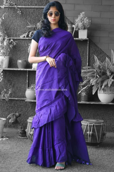 Cool Kokila - Pure Cotton Ruffle Saree in Purple Colour