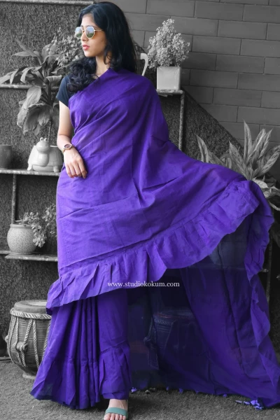 Cool Kokila - Pure Cotton Ruffle Saree in Purple Colour