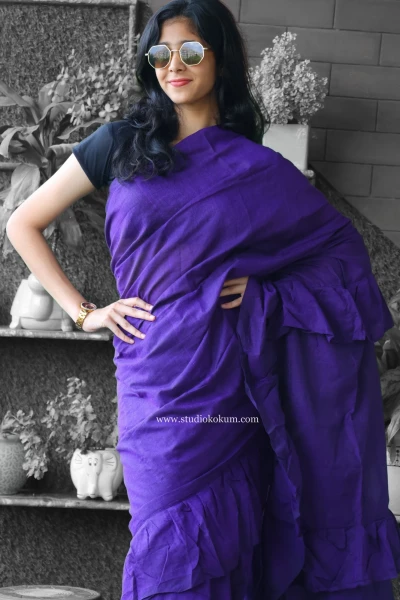 Cool Kokila - Pure Cotton Ruffle Saree in Purple Colour