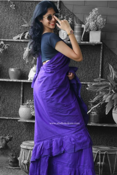 Cool Kokila - Pure Cotton Ruffle Saree in Purple Colour