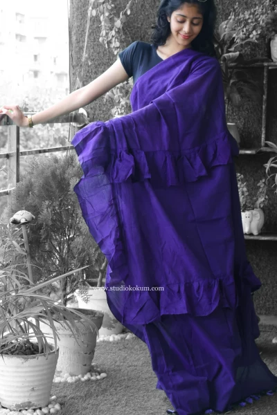 Cool Kokila - Pure Cotton Ruffle Saree in Purple Colour